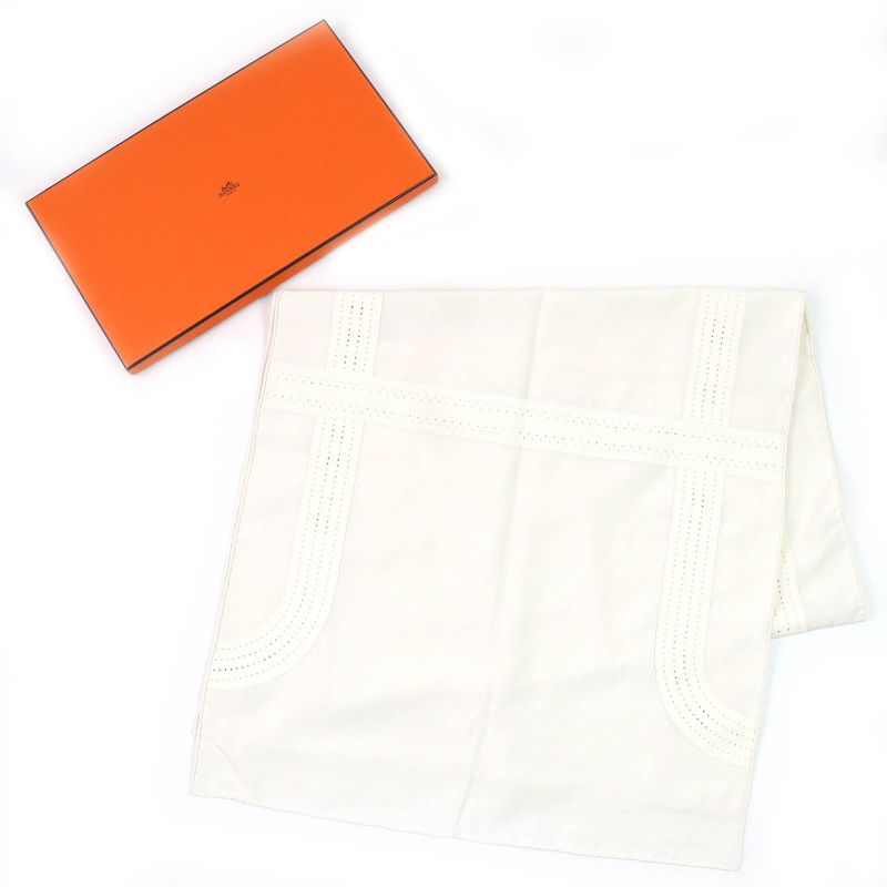 Hermes 100% Silk H Motif Perforated Lamb Leather Used Stole Shawl Ivory With