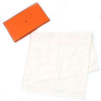 Hermes 100% Silk H Motif Perforated Lamb Leather Used Stole Shawl Ivory With