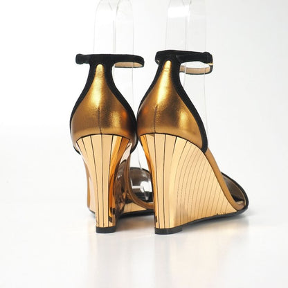 Gucci Sandals Size 37 Mirrored Wedge Sole Ankle Strap Suede Gold Black Shoes