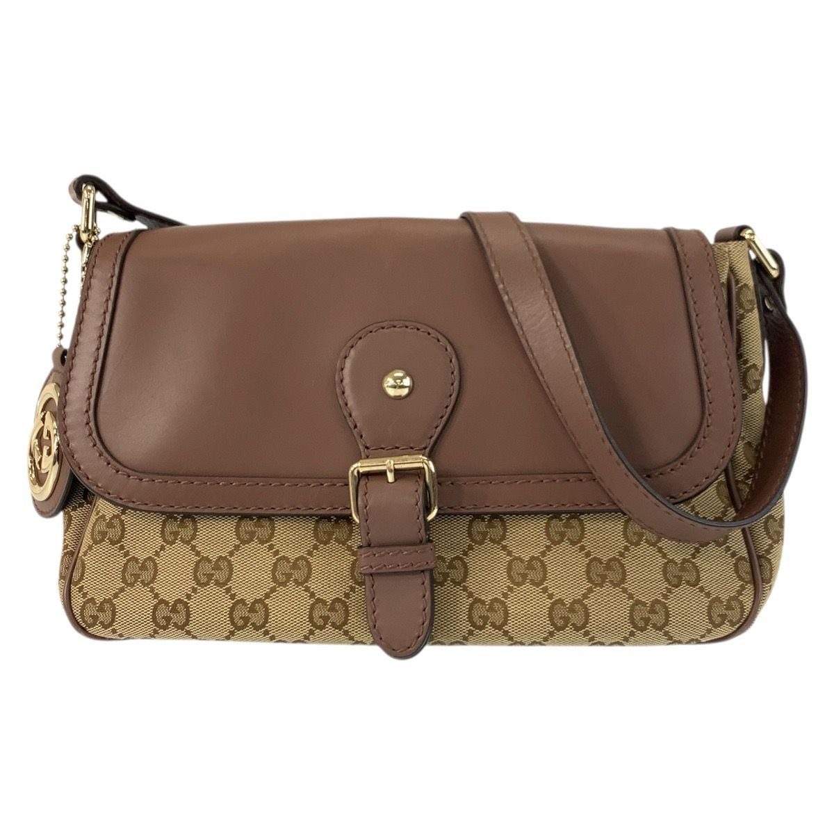 Gucci Ski Brown Beige Gold GG Canvas Leather Shoulder Bag Pochette