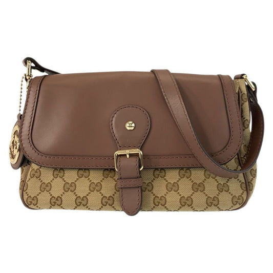 Gucci Ski Brown Beige Gold GG Canvas Leather Shoulder Bag Pochette