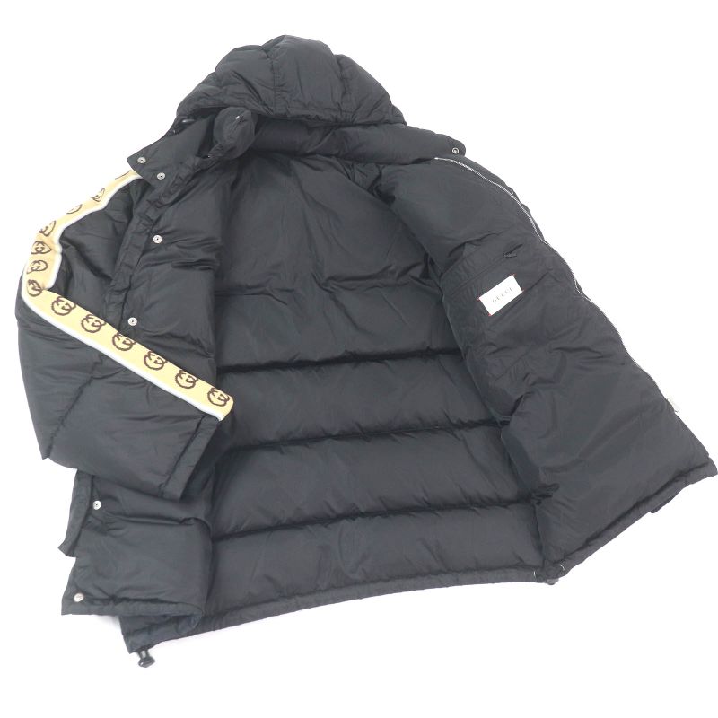 Gucci 598725 GG Jacquard Sideline Logo Hooded Down Coat Jacket Black 50 Made In