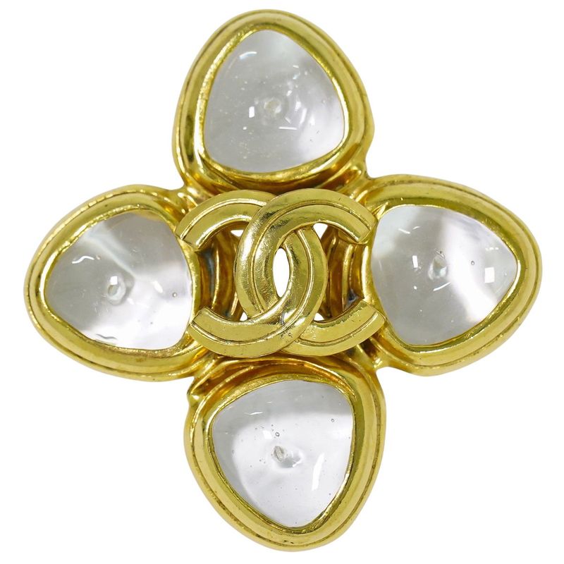 Authentic Chanel Coco Mark Gripore Clear Stone Brooch GP Gold Plated Coco Mark