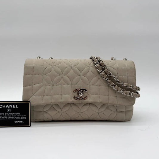 Chanel Large Shoulder Bag Flower Stitch CC Logo Turnlock Silver Chain Gray