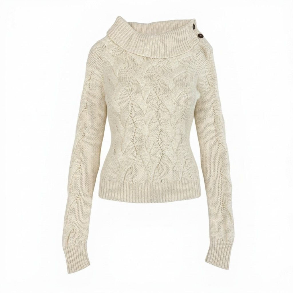 Celine Cashmere 100 Knit Sweater Logege Shoulder Button M Cream