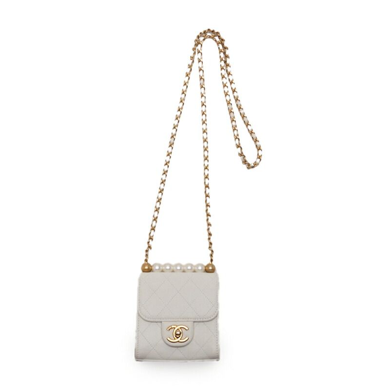 Chanel Mini Matelasse Pearl Chain Shoulder Lambskin White With Gold Hardware