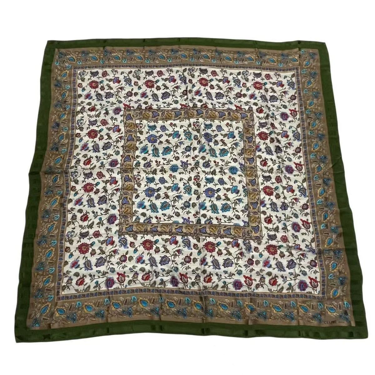 Celine Large Scarf 100% Silk Floral Pattern Green