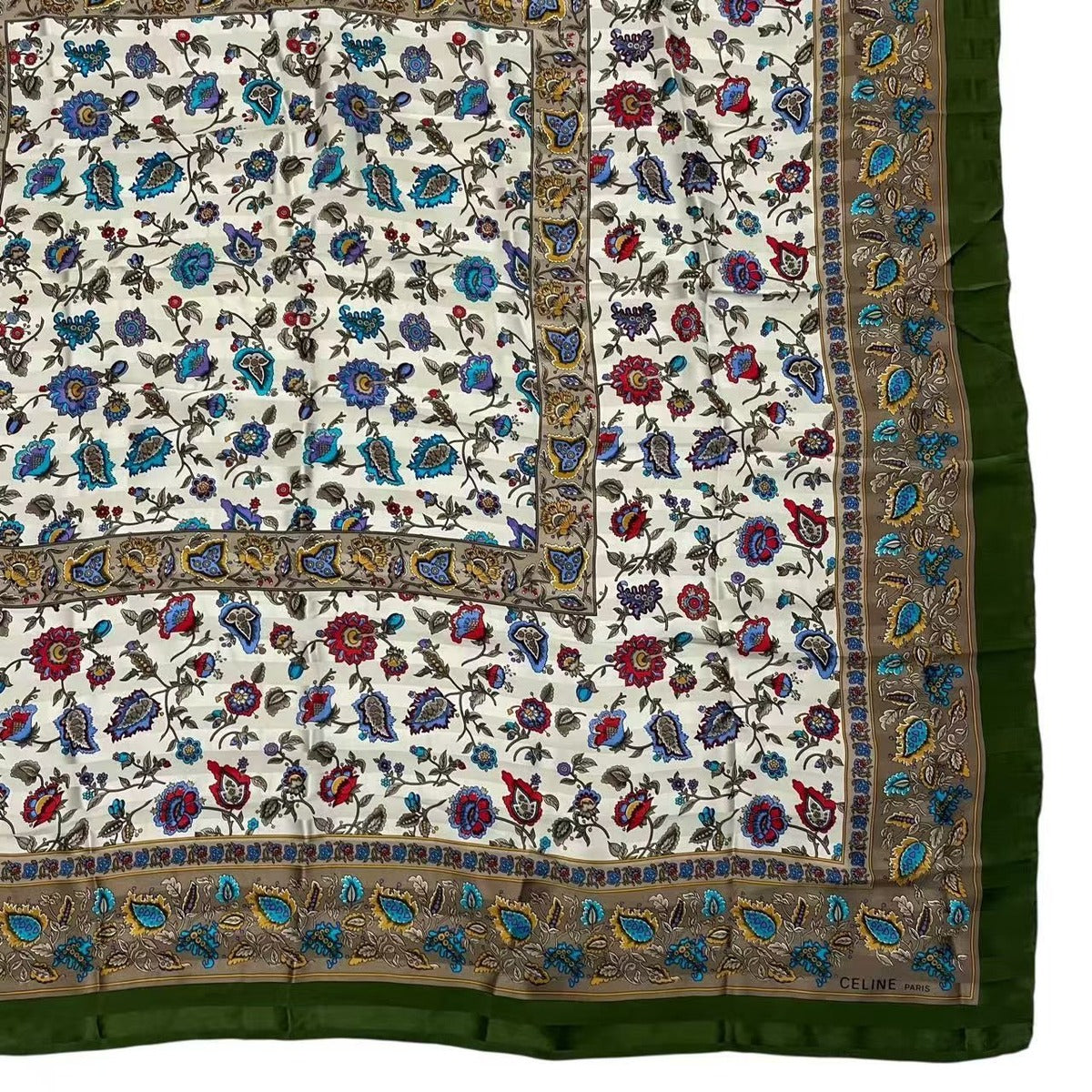 Celine Large Scarf 100% Silk Floral Pattern Green — view 5