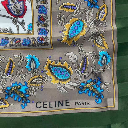 Celine Large Scarf 100% Silk Floral Pattern Green — view 6
