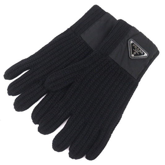 Prada Made Virgin Wool Cashmere Re-Nylon Triangle Logo Plat Rib Knit Gloves