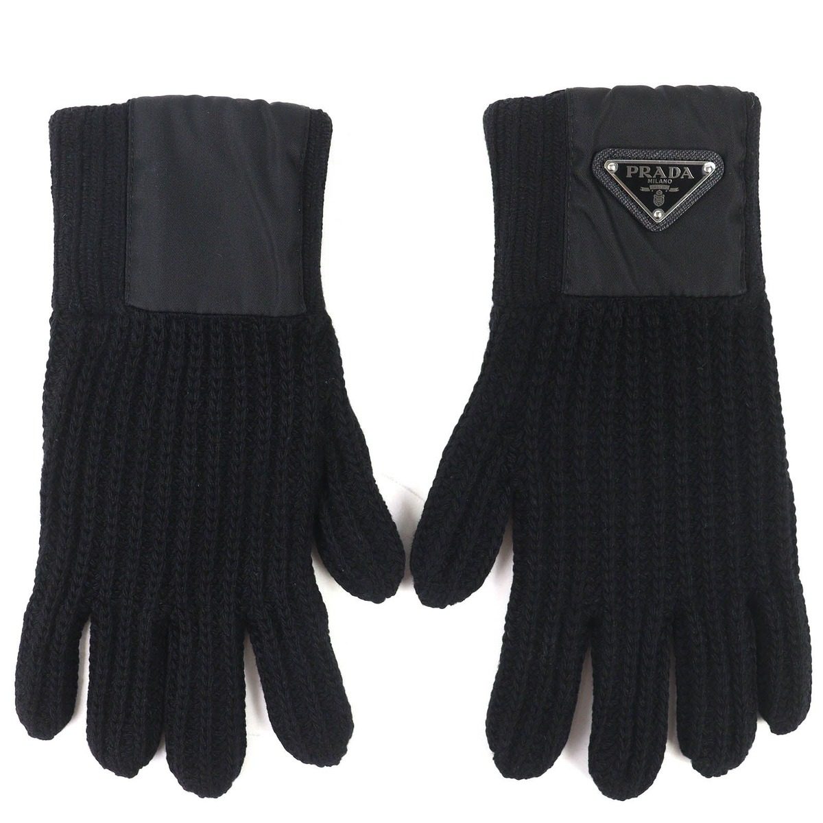 Prada Made Virgin Wool Cashmere Re-Nylon Triangle Logo Plat Rib Knit Gloves — view 2