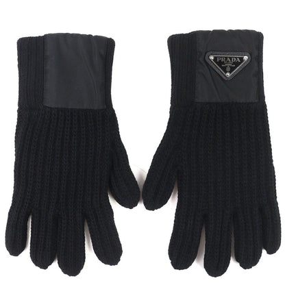 Prada Made Virgin Wool Cashmere Re-Nylon Triangle Logo Plat Rib Knit Gloves — view 2