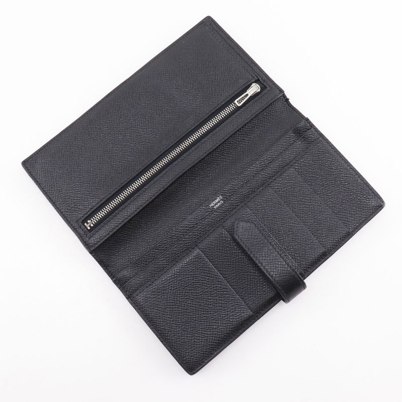 Hermes Bearn Courchevel Black/silver Hardware □O Unisex Long Wallet