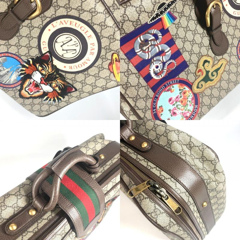 Gucci Boston Bag Angry Cat Snake Patch 424501 GG Supreme Canvas Beige