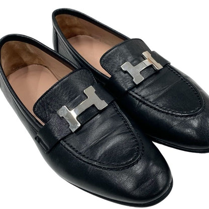 Hermes Paris Loafers Shoes Leather Black Silver Moccasins Flat Shoes Hhardware