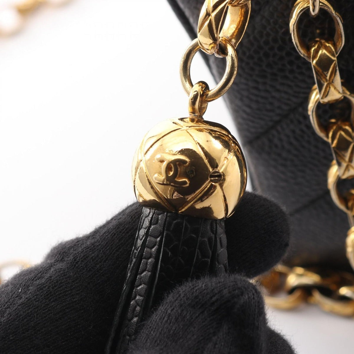 Chanel Shoulder Bag Stitch Chevron Black Leather Fringe Mini Chain — view 11