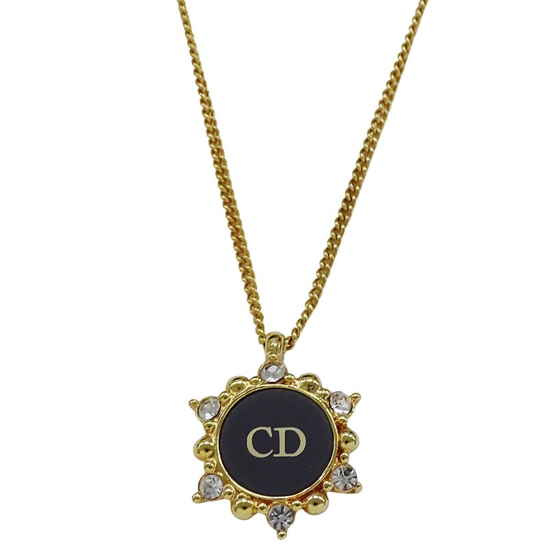 Dior Necklace Women's Branded Rhinestone Plated Gold Black CD Logo Accessory