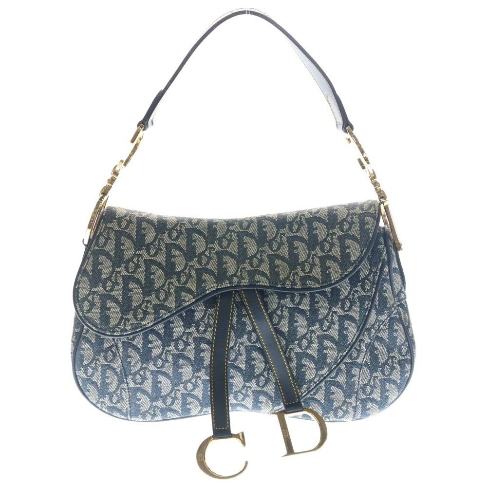 Dior Trotter Pattern Double Saddle Canvas Leather Shoulder Bag Gold Navy