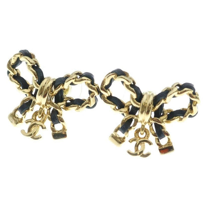 Chanel Ribbon Black Cles the CC Logo Earrings Gold