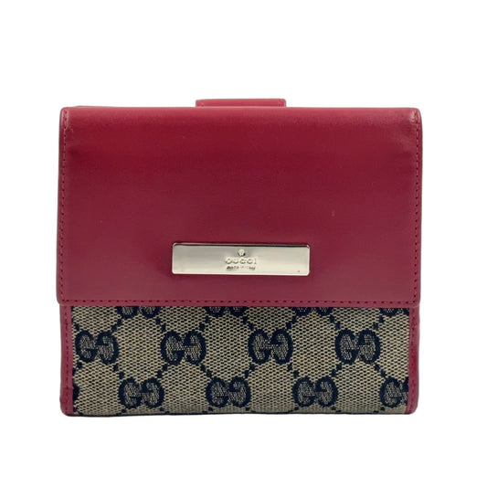 Gucci GG Canvas Metal Bar-w Hook Leather Beige Red Wallet Silver