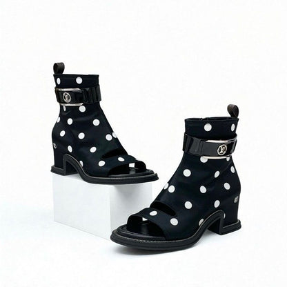Louis Vuitton Moonlight Line Boots Short Shoes Satin Black White Dot Belt