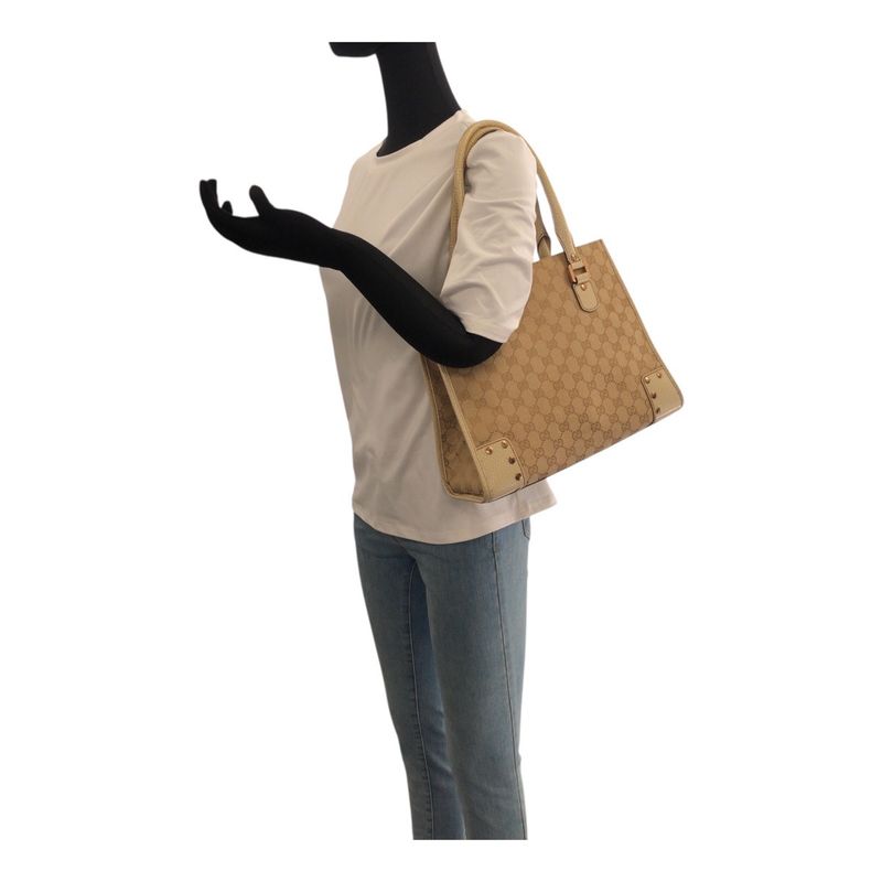 Gucci GG Canvas Studded Ivory Gold Hardware Canvas/leather 124260 Tote Bag