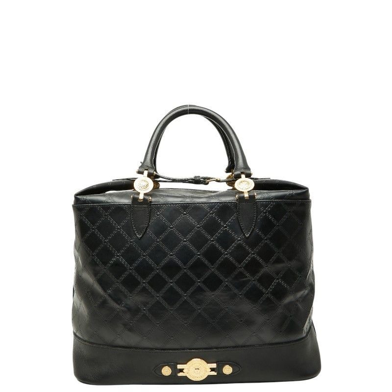 Versace Sunburst Greca Boston Bag Tote Black Gold Leather