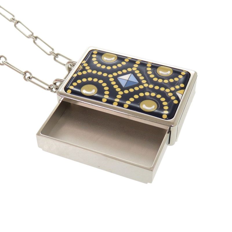 Hermes Boite A Rêve Pendant Accessory Case Metal Silver Navy Necklace 1421