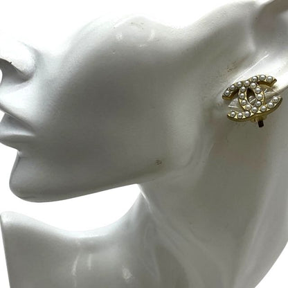 Chanel Earring 01A Coco Mark Faux Pearl Gold GP Accessories Jewelry Chanel