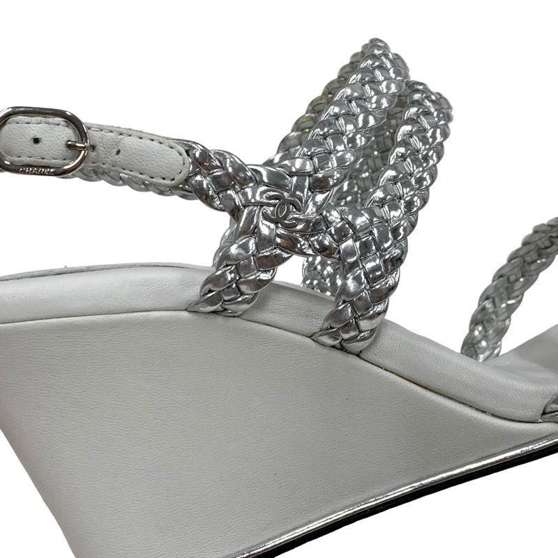 Chanel Sandals Shoes Leather Silver White Coco Mark Strap Wedge Sole