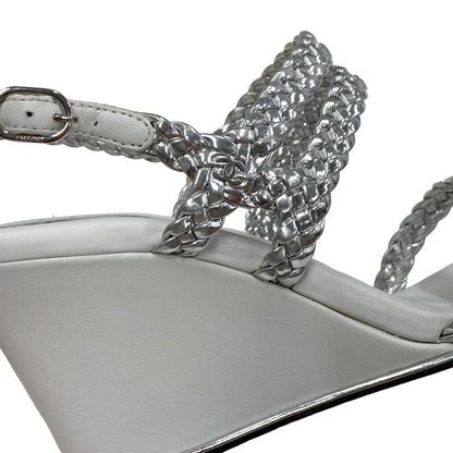 Chanel Sandals Shoes Leather Silver White Coco Mark Strap Wedge Sole