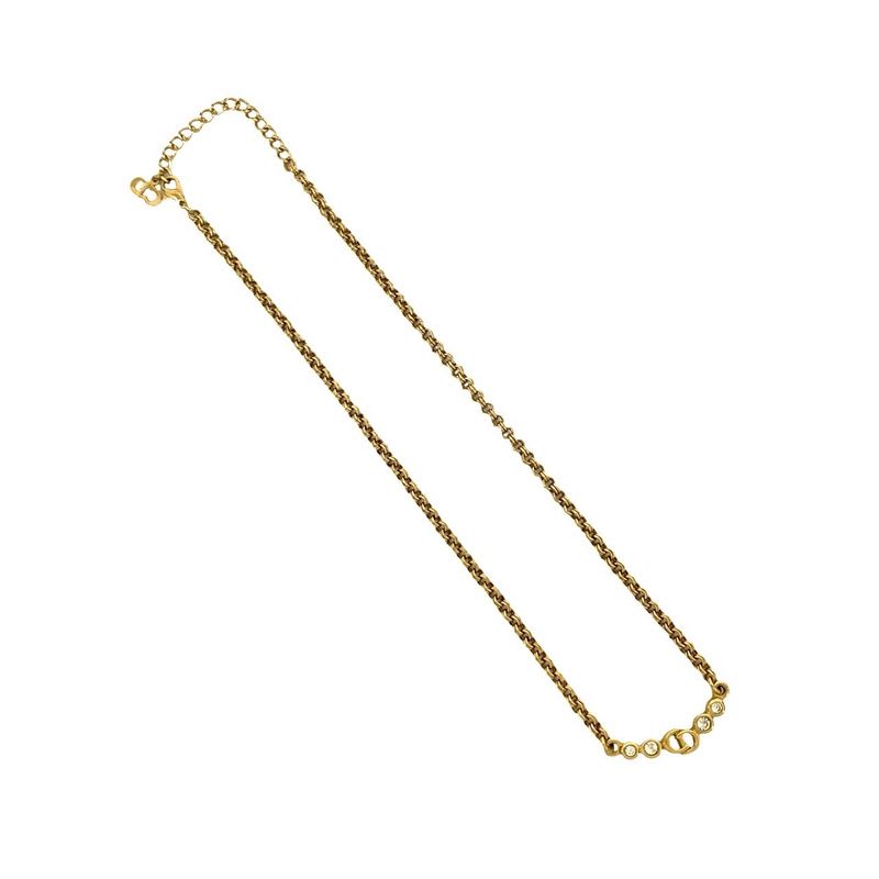 Christian Dior Vintage CD Logo Rhinestone Necklace Choker Pendant Gold 55413