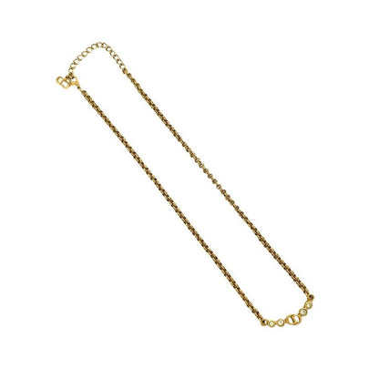 Christian Dior Vintage CD Logo Rhinestone Necklace Choker Pendant Gold 55413