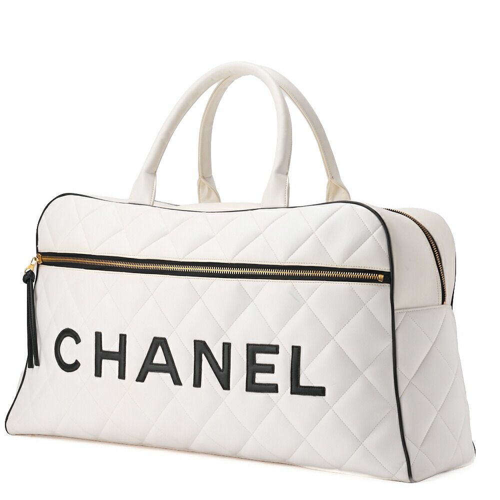 Chanel Handbag Boston Bag Calfskin Matelasse Sport Line Logo White And Black