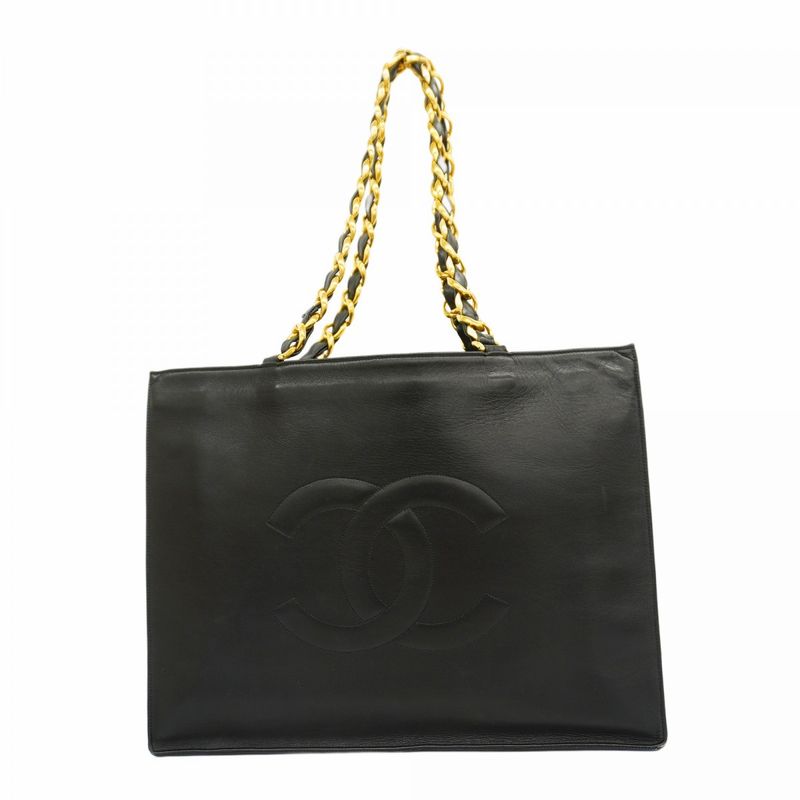 Chanel Tote Bag Chain Lambskin Black Gold Hardware Women