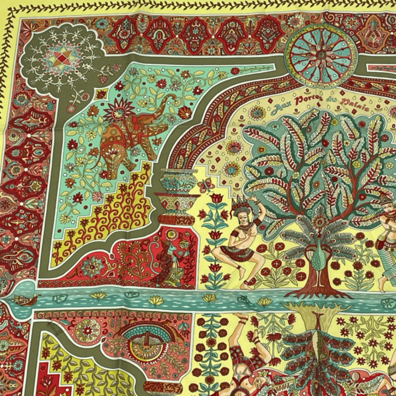 Hermes Carre 90 Silk Scarf Aux Portes Du Palais Royal Doors Green