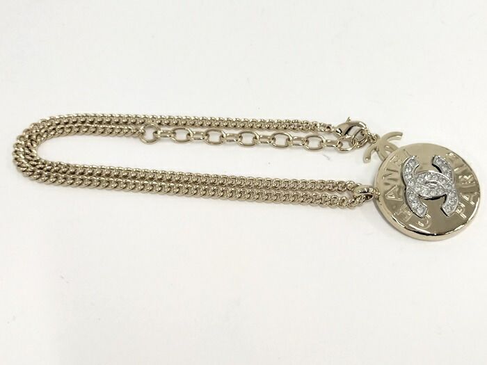 Chanel Necklace Coco Mark Plated Gold Rhinestone B25A