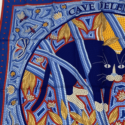 Hermes Carre 90 CAVE Felem Attention Cats Scarf 100% Silk Multicolor