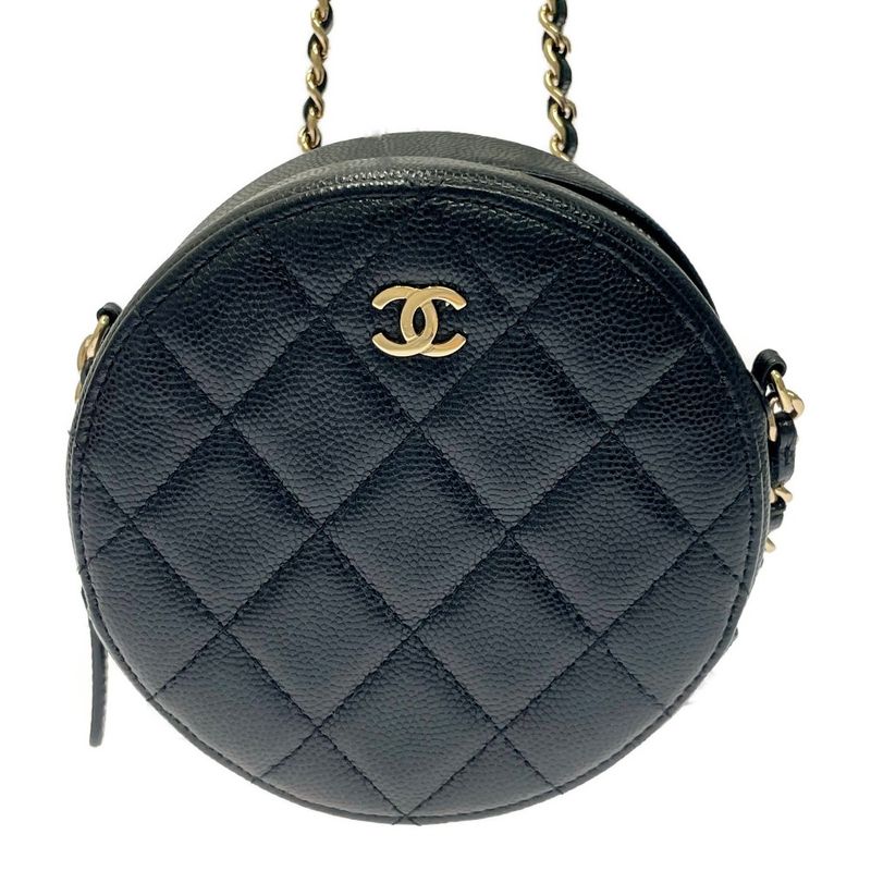 Chanel Matelasse Caviar Skin Coco Mark Round Chain Shoulder Bag Black 371277
