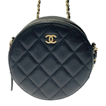 Chanel Matelasse Caviar Skin Coco Mark Round Chain Shoulder Bag Black 371277