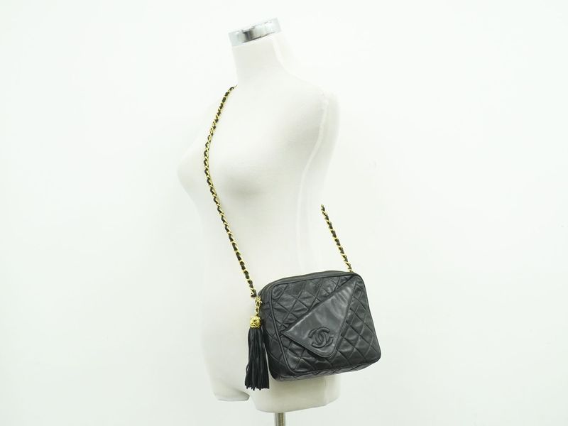 Authentic Chanel Coco Mark Matelasse Tassel Chain Shoulder Bag Lambskin Leather