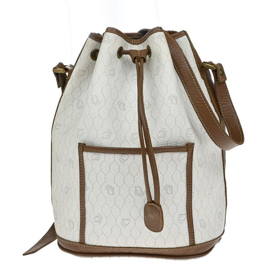 Christian DIOR Shoulder Bag Macadam Drawstring White Brown Leather Vintage