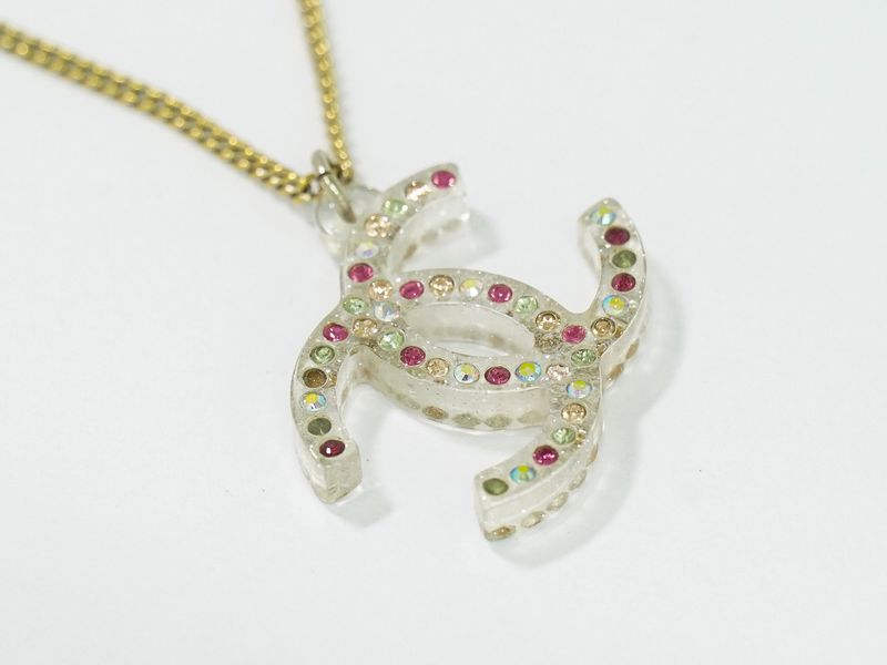 Authentic Chanel Coco Mark Rhinestone Necklace Pendant Plastic GP Gold Plated
