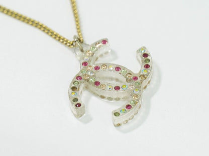 Authentic Chanel Coco Mark Rhinestone Necklace Pendant Plastic GP Gold Plated