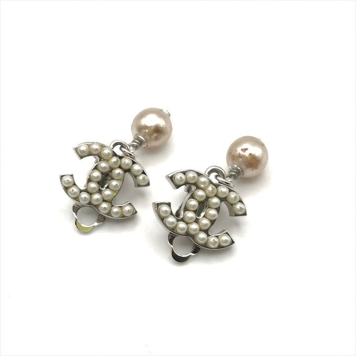 Chanel CC Logo Faux Pearl Swing Earrings Silver
