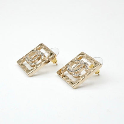 Chanel Earrings Earring Gold Coco Mark Square Matelasse Rhinestone
