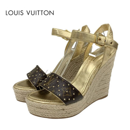 Louis Vuitton Starboard Line Monogram Sandals Shoes Leather Gold Brown Studs