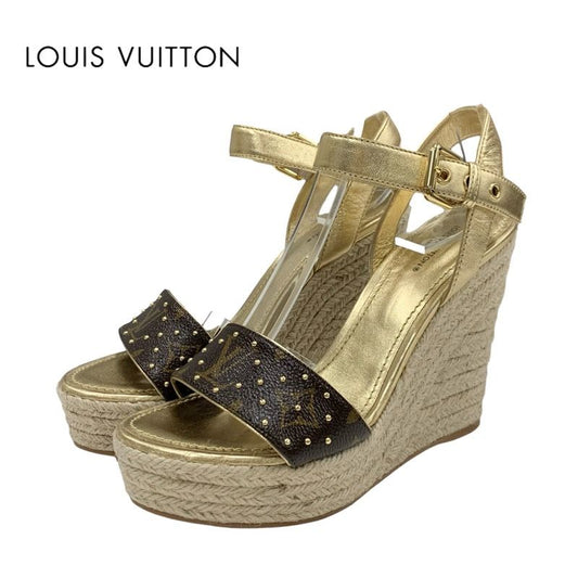 Louis Vuitton Starboard Line Monogram Sandals Shoes Leather Gold Brown Studs