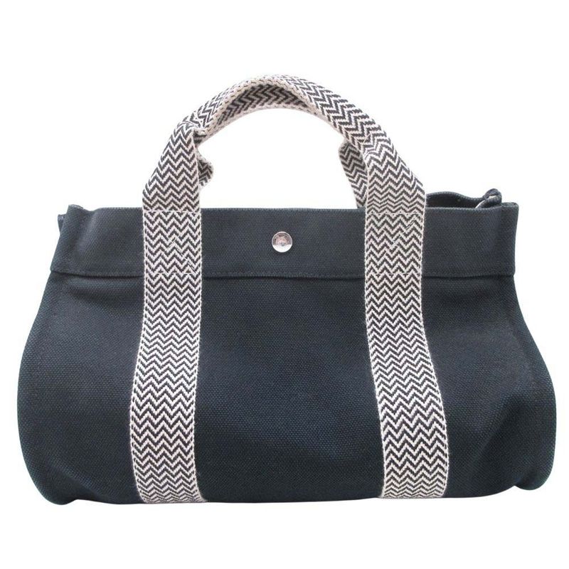 Good Hermes Cannes PM Handbag Tote Canvas Herringbone with Pouch Black Ivory