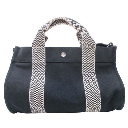 Good Hermes Cannes PM Handbag Tote Canvas Herringbone with Pouch Black Ivory